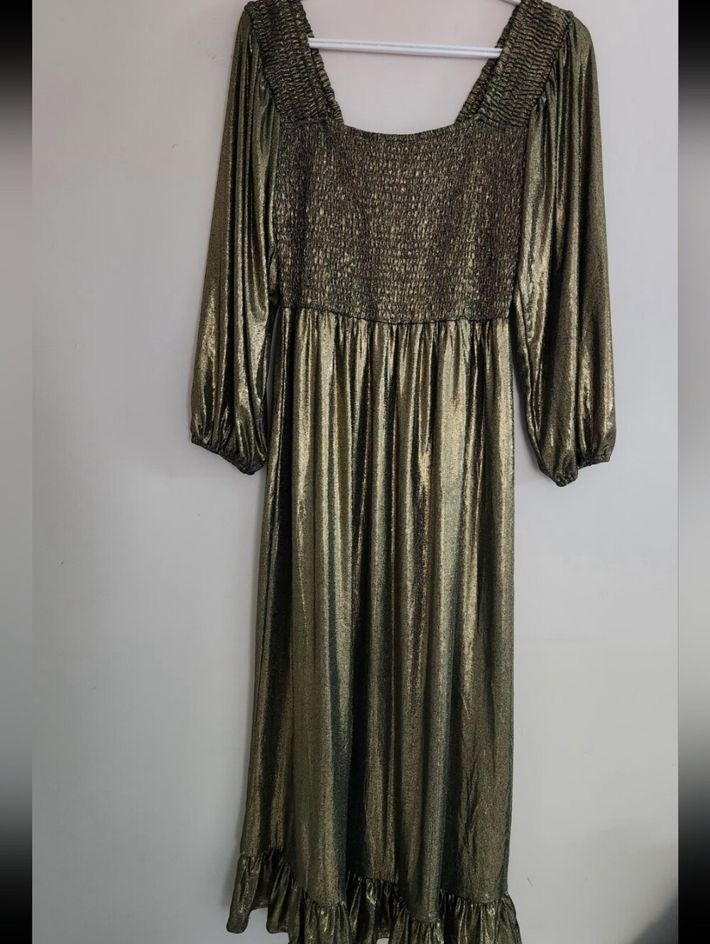 Metallic Olive Green Smocked Square-Neck Maxi Dress